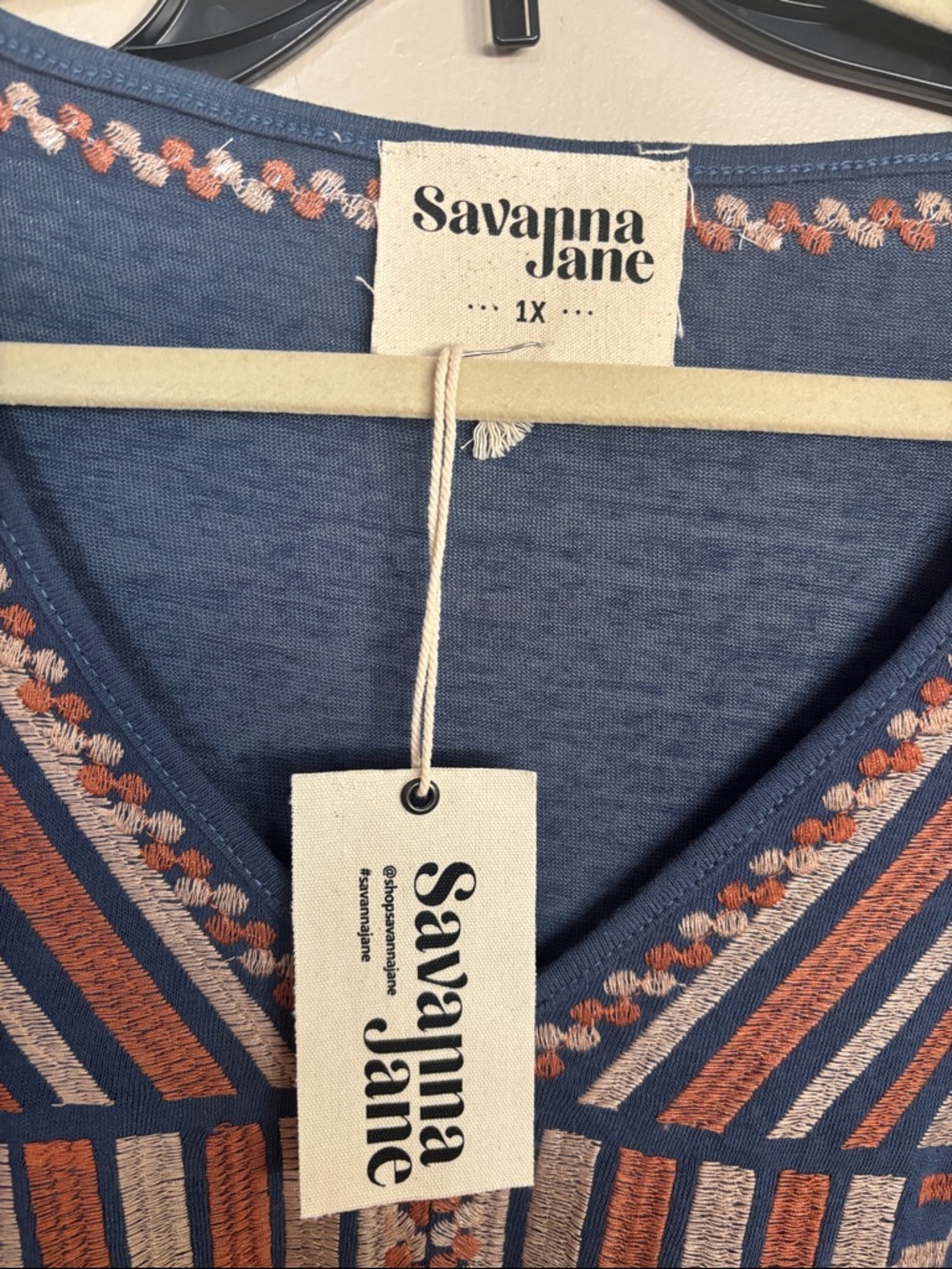 Savanna Jane Blue and Rust Striped V‑Neck Boho Top - Picture 4 of 8